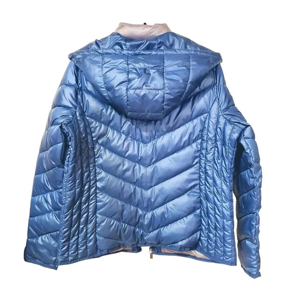 NWT Kenneth Cole Blue Gray Bib Front Zip Hooded Puffer Jacket Petrol L - Picture 2 of 16